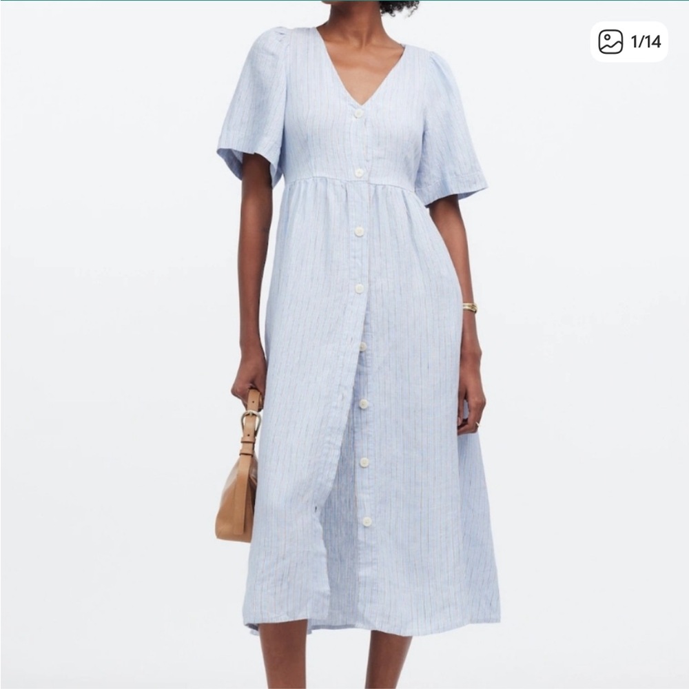 Madewell Light Blue Pinstripe Button-Front Linen Midi Dress